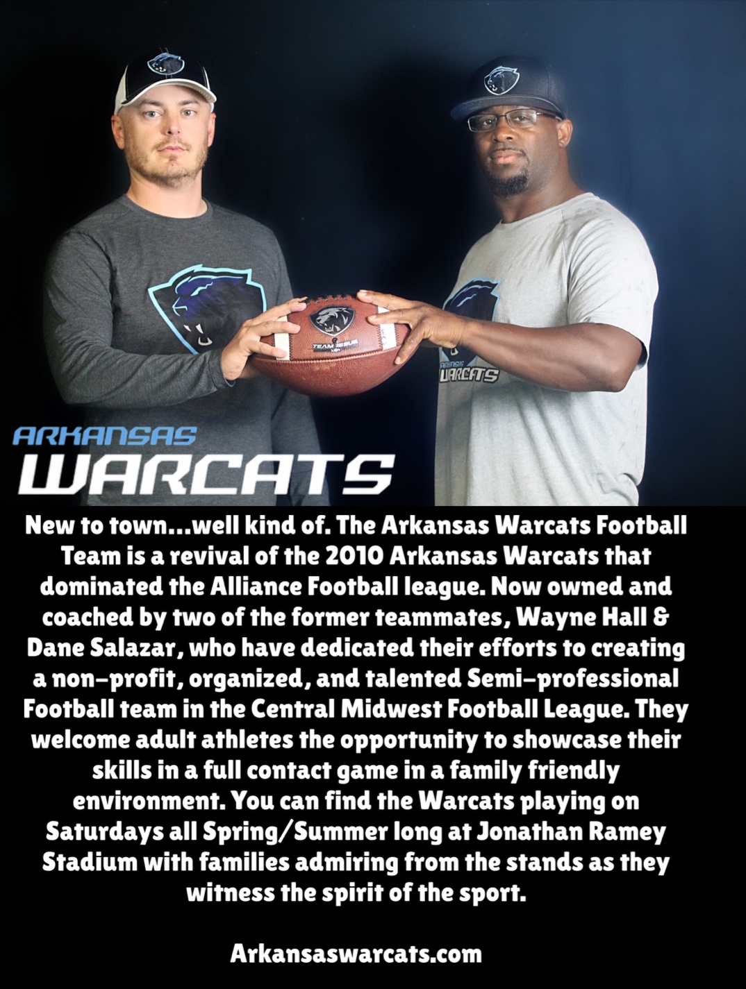 Warcats owners and coaches Wayne Hall and Dane Salazar holding a football